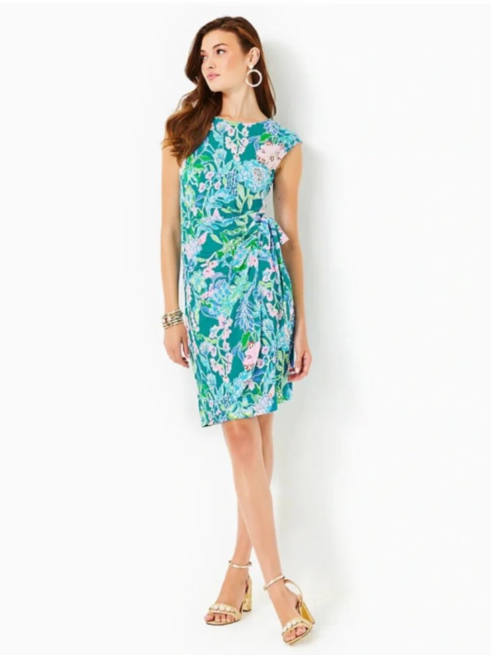 Lilly Pulitzer Teal Floral Cap-Sleeve Midi Dress with Pink & Green Accents